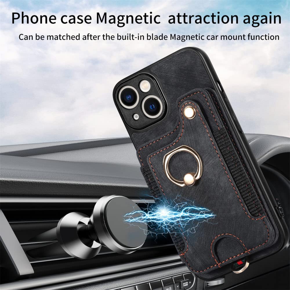 Custodia in Pelle per iPhone 14 13 12 11 Promax Plus XR XSMAX Antifurto con Anello Cordino Porta Carte Custodia Protettiva, Nero, per iPhone XR