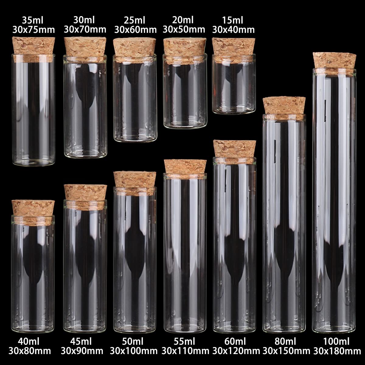 24 sztuki probówek z przezroczystego szkła z korkiem – minibutelki o pojemności od 15 ml do 100 ml do dzieł sztuki, perfum i prezentów(100mLx30x180mm)