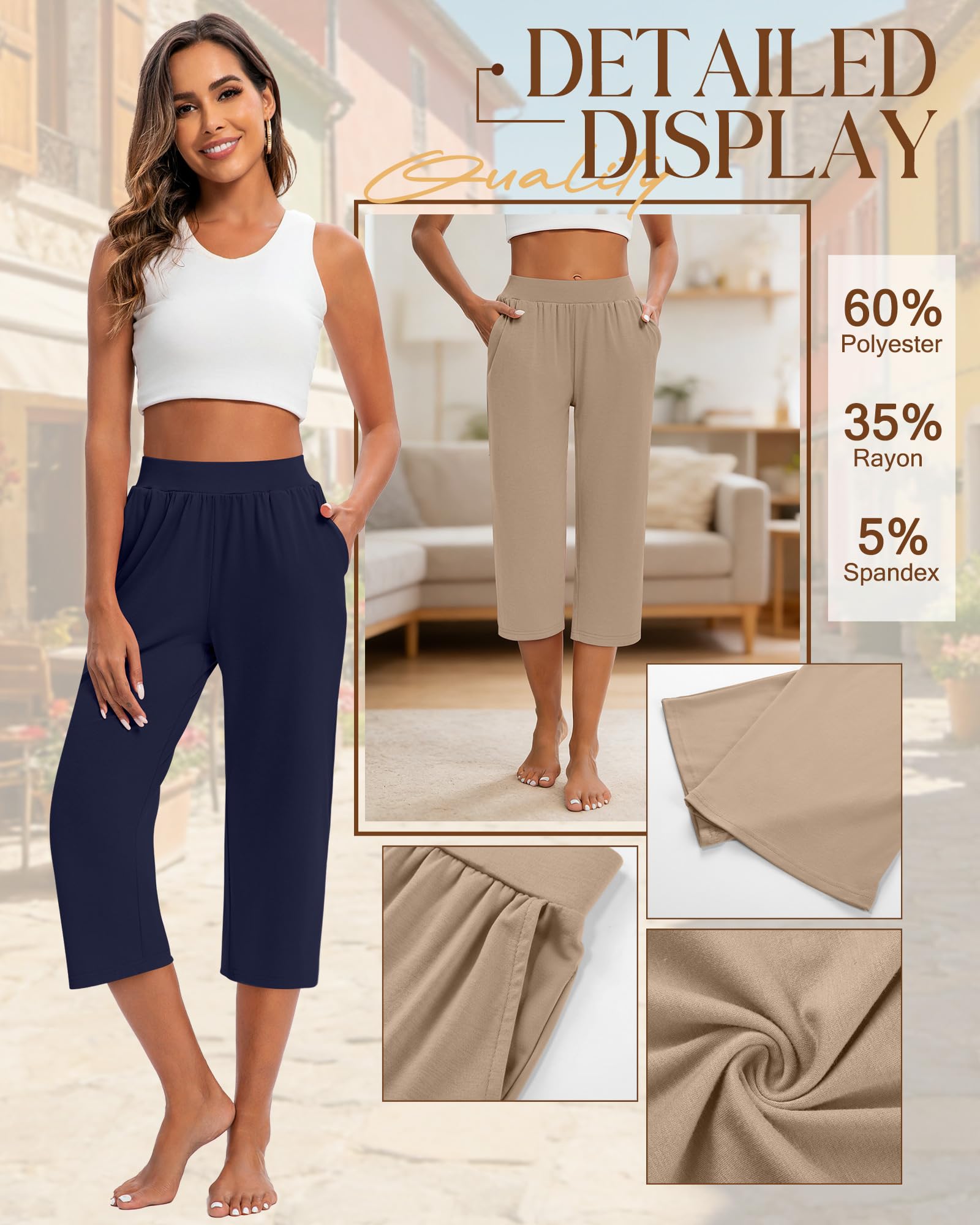 Geyoga Pack de 3 Pantalones Capri de chándal para Mujer, Perneras Anchas, Capri Cropped con Bolsillos, Pantalones Jogger