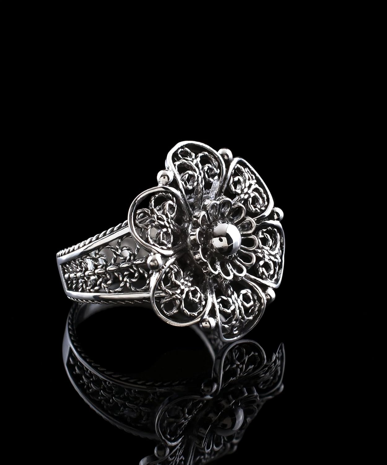 Filigranist Handcrafted Filigree Art Sterling Silver Daisy Flower - Sunflower Motif Woman Cocktail Ring, Gift Boxed