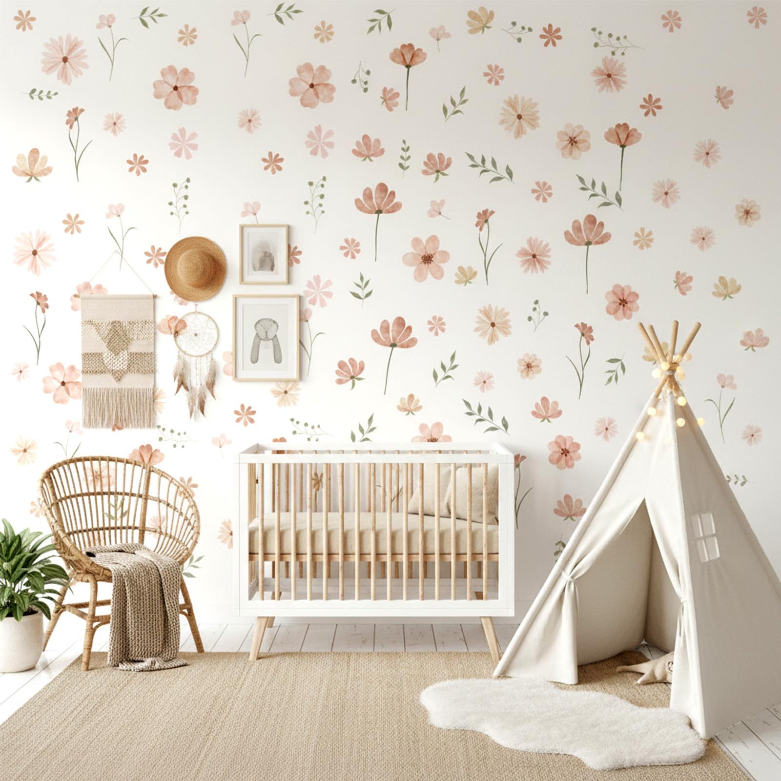 9 feuilles de stickers muraux boho fleurs, petits motifs floraux autocollants, autocollants confortables, plantes stickers muraux, pour chambre de fille, chambre, salon, couloir, salle bain, cuisine