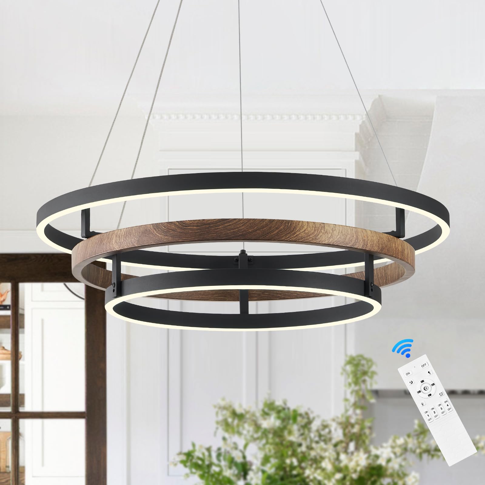 modern led chandelier black wood dimmable 3-ring foyer entry chandeliers light 24in dining room chandelier light fixture for kitchen home office living room