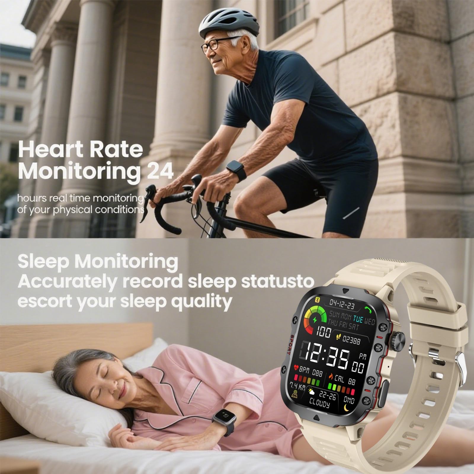 2 szt. inteligentny 2,58" HD Touch Smartwatch dla mężczyzn i kobiet, wodoodporny do sportów na świeżym powietrzu ze 100 trybami sportowymi monitor tętna,Beige