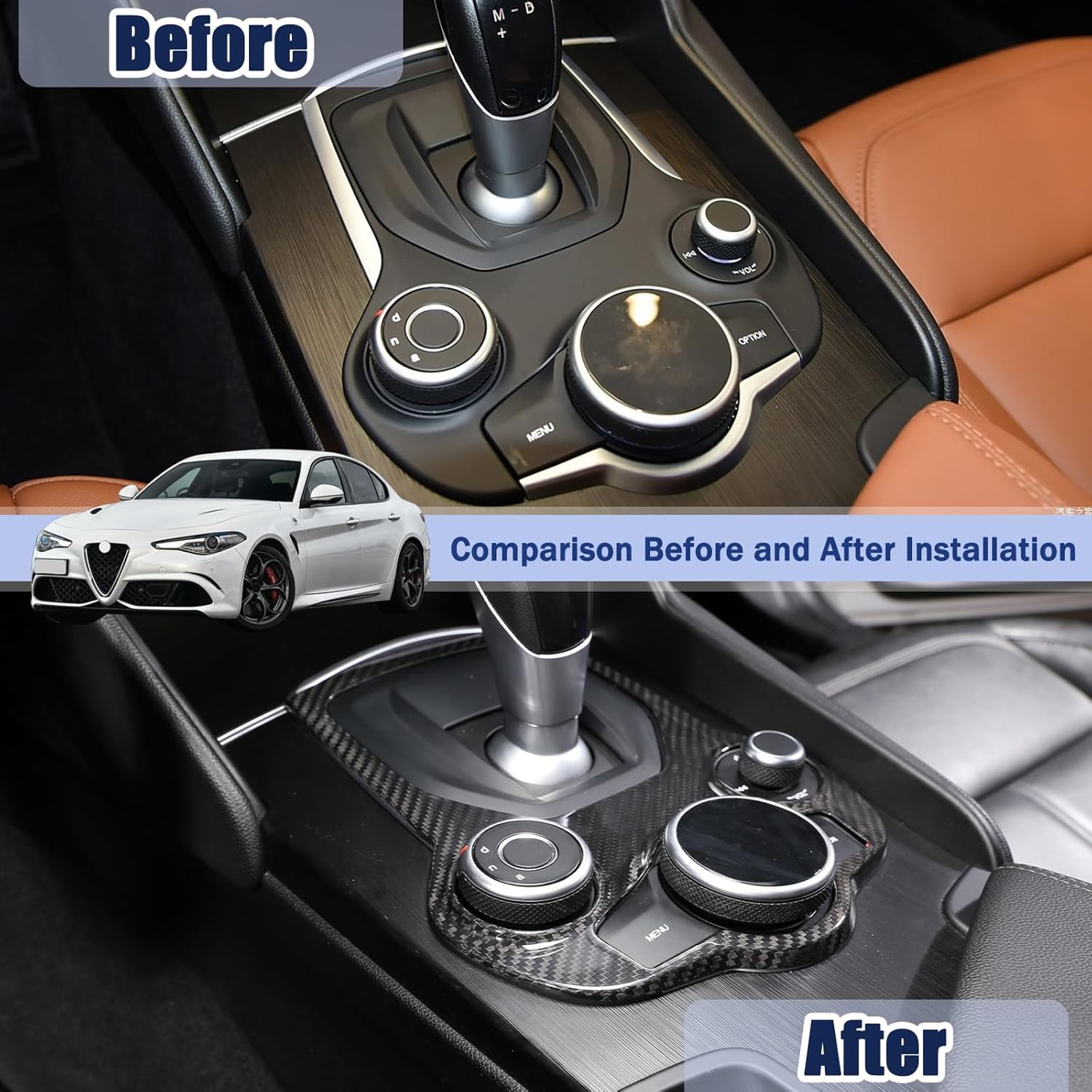 Center Console Gear Panel Frame Trim Compatible with Alfa Romeo Giulia Stelvio 2016-2019 Real Carbon fiber Car Center Console Decoration Frame Trim