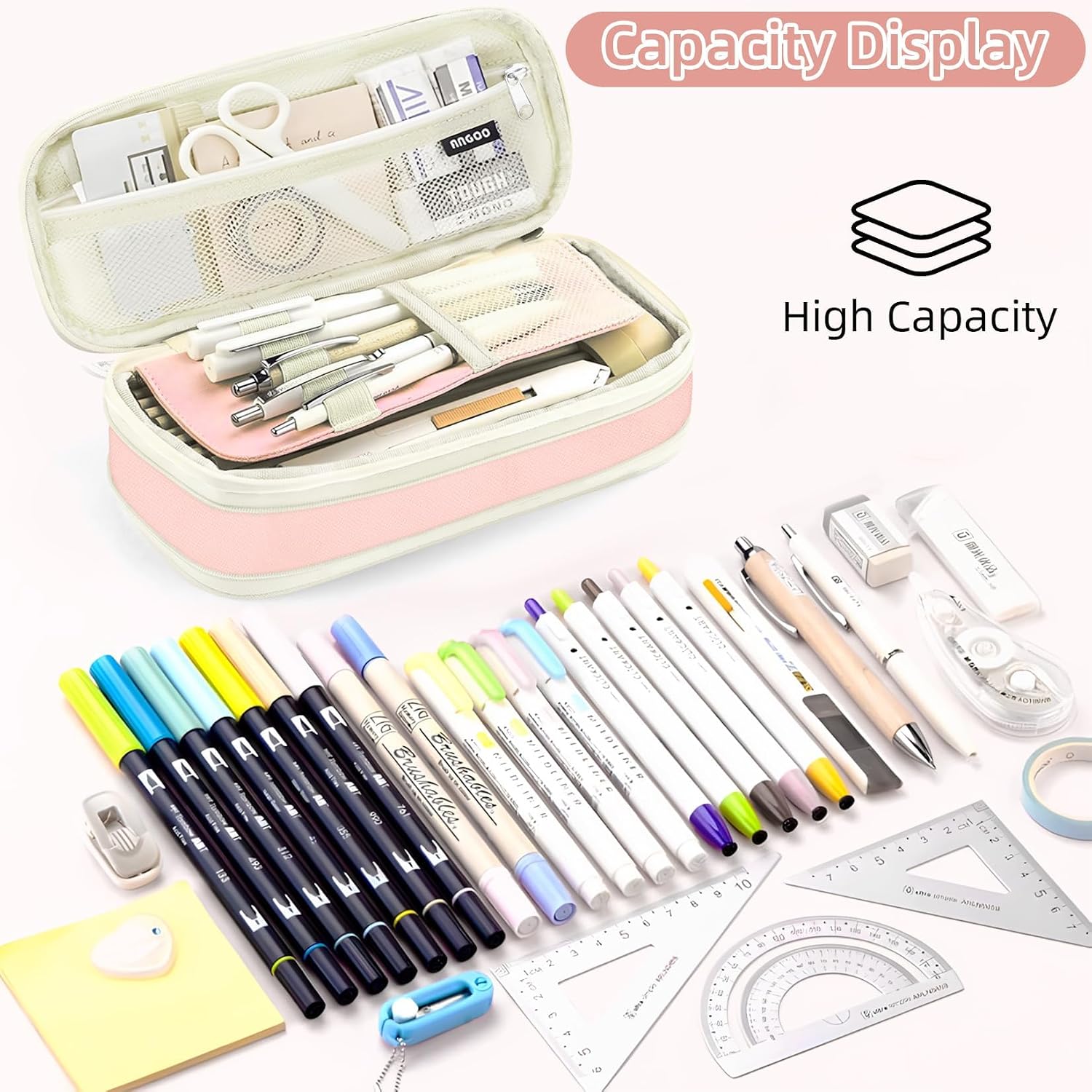 Preppy Pencil Case for Girls, Large Initial Pencil Pouch for School Supplies, Portable Pink Pen Bag with Zipper, Cute Aesthetic Pen Box, Compartments Stationary Organizer for Kids Teens Adultsv image 5