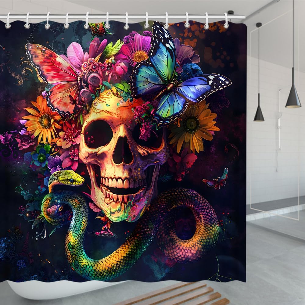 Skull Flower Shower Curtain Halloween Colorful Skeleton Wildflower Butterfly Snake Witchcraft Floral Gothic Theme Bath Decor Polyester Fabric Curtains 106X70 Inch