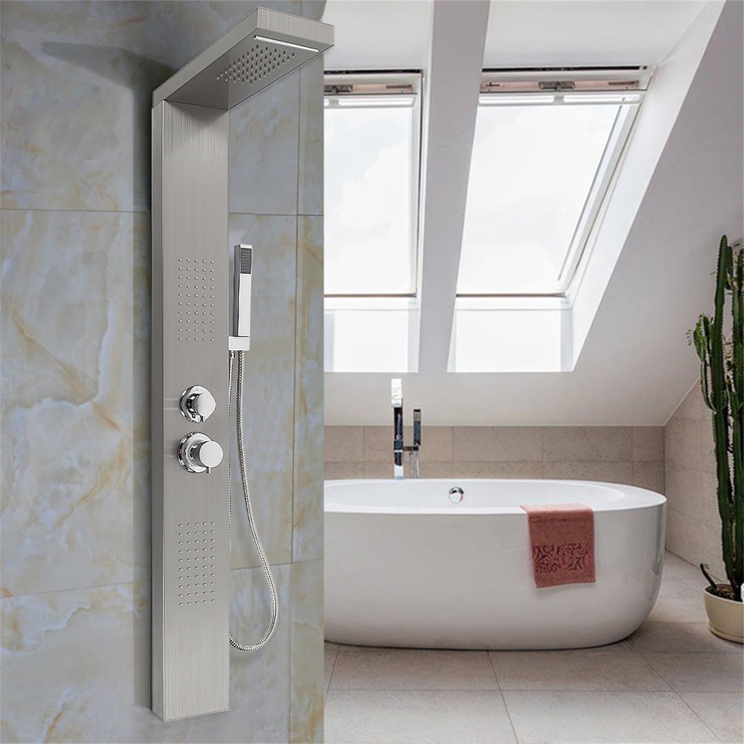 MUL-BOUTICA Columna de Ducha Hidromasaje Termostática Ajustable Con Temperatura y Flujo de Agua, Sistema Con Cascada (Plata-1,S2)
