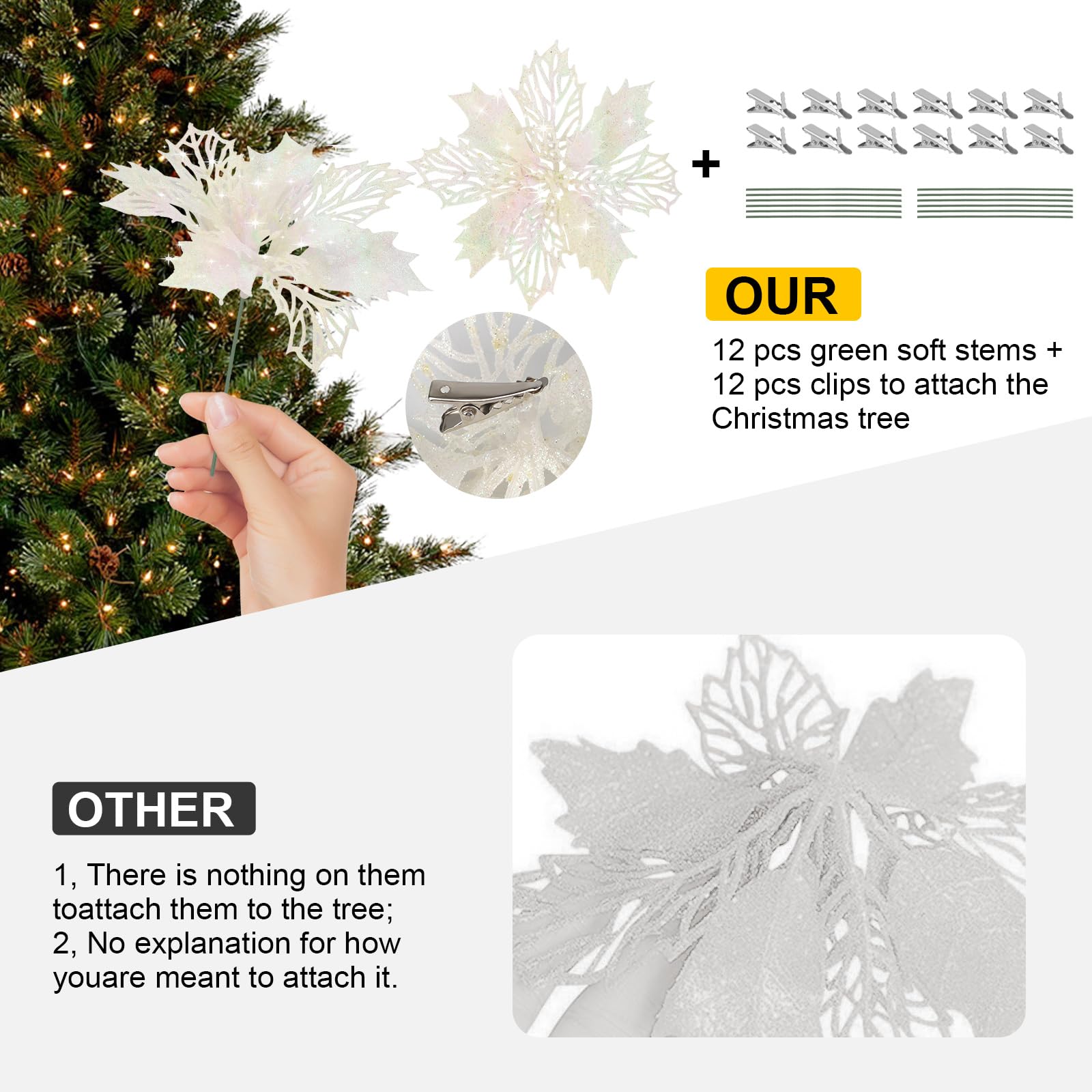 12 Fiori Natalizi Bianco Argento Con Clip E Stelo - Decorazioni Per Albero, Matrimonio E Capodanno: Il Tuo Natale Brillerà Di Luce Propria!