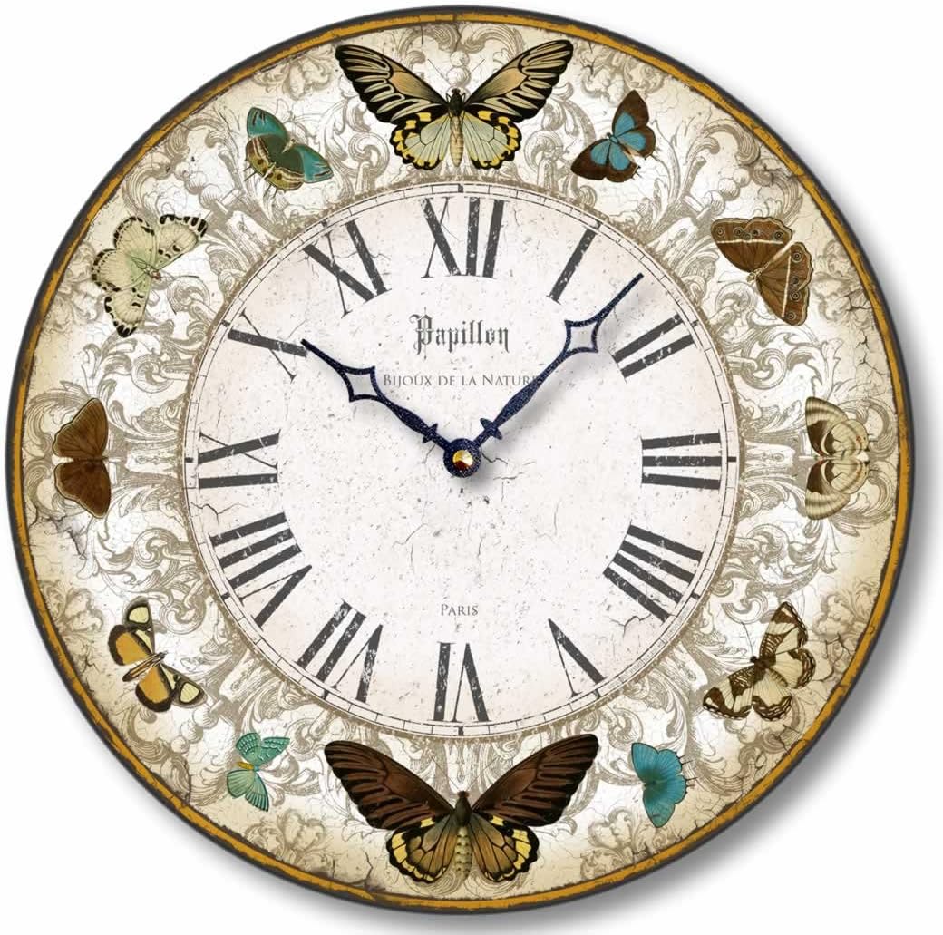 Item C8221 Vintage Style Butterflies Wall Clock (12 Inch Diameter)