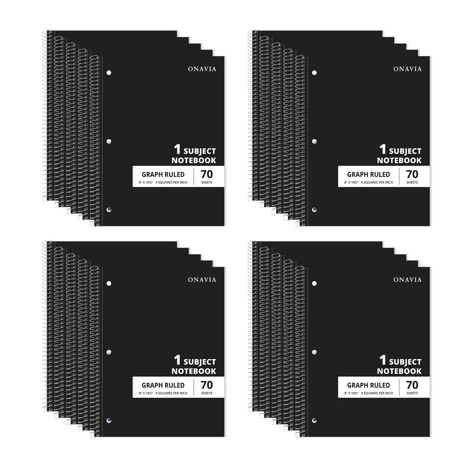 ONAVIA Quaderni a spirale a righe con soggetto singolo, confezione da 20, carta a quadretti 4x4, 8 x 10,5, 70 fogli ciascuno, blocco per appunti, colore nero