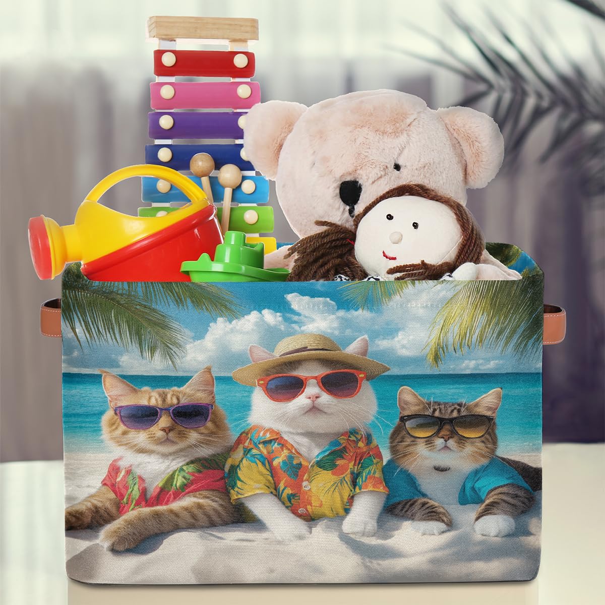 Mexpekil Divertida cesta de almacenamiento de animales, gato, mar, playa, caja de almacenamiento de juguetes para niños, plegable, organizador de tela para estantes, cesta de regalo grande con asas, 2