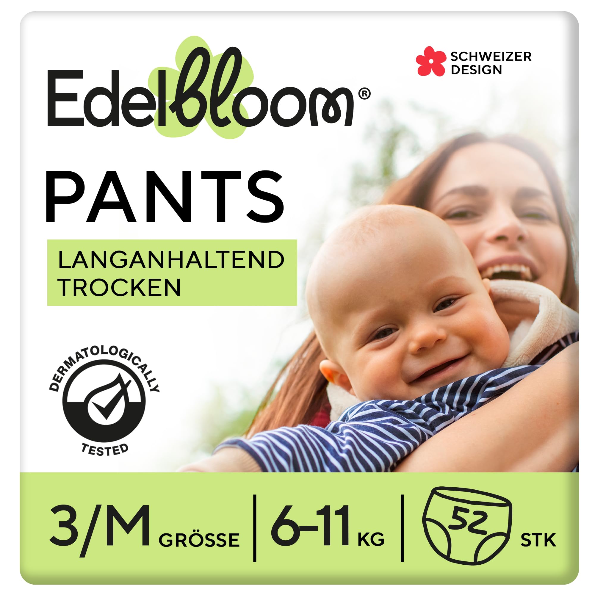 Edelbloom Premium 52 Windelhöschen Größe 3 (6–11 kg), Ultra-Saugfähig & Atmungsaktiv, Hypoallergen, Extra Weich & Sanft für Babys, Dermatologisch Getestet, Sicherer Auslaufschutz, Für Tag & Nacht