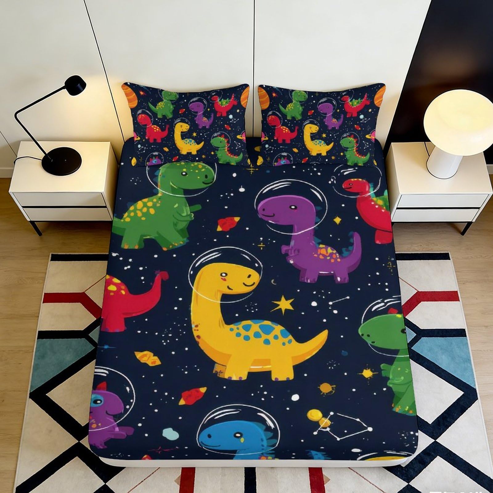 3D Printed Colourful Dinosaur Fitted Sheet Microfiber Soft Bed Sheet for Bedroom Dorm Mattress Protection Decor 90x200x25cm