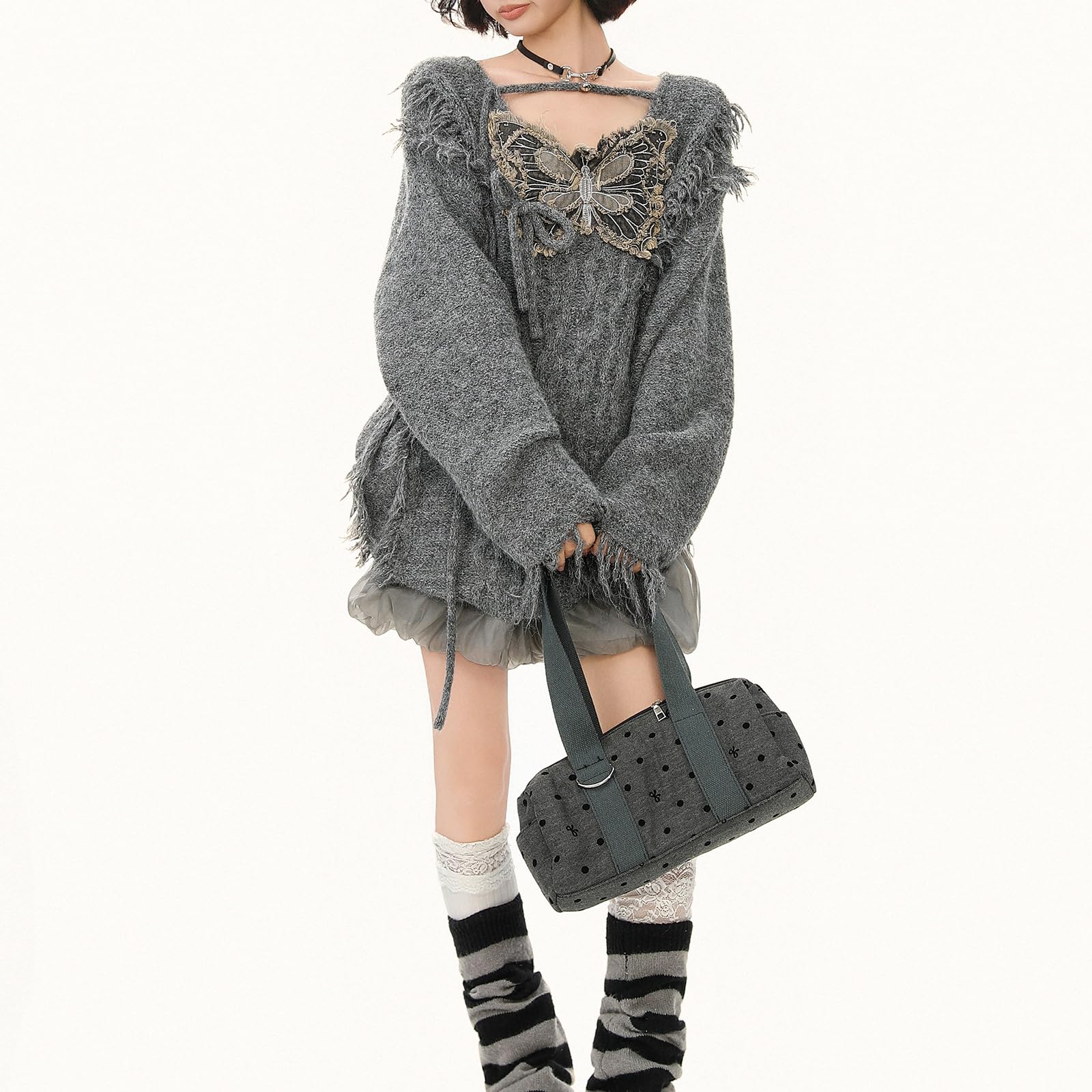 Damski sweter oversize z dzianiny z motywem motyla, postrzępione brzegi, frędzle, top Y2K w stylu punk