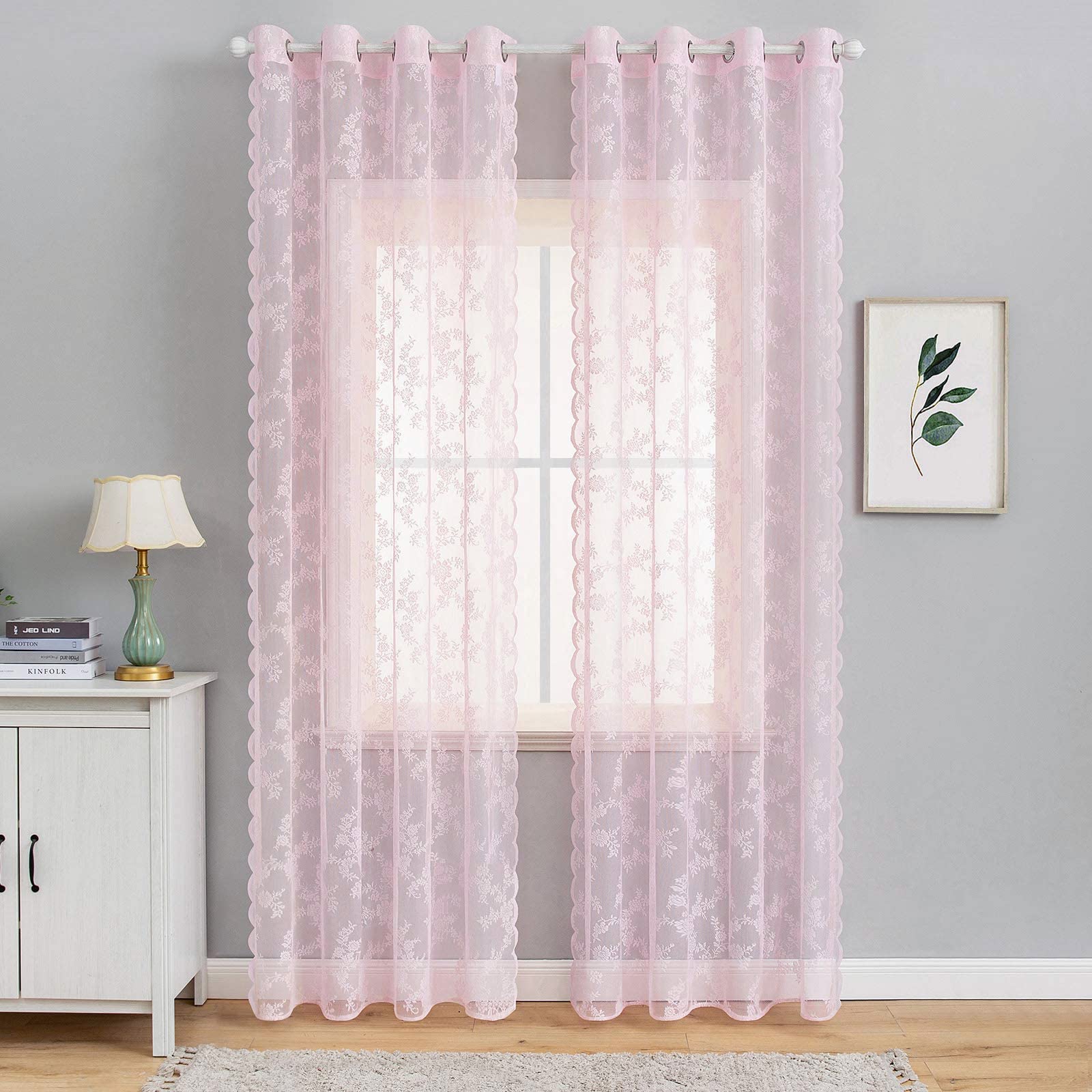 MIULEE Tende di Pizzo-Tende Rosa Chiaro per Finestre in Pizzo Trasparente Ricamate Floreali per Camera da Letto Soggiorno, Tenda Ricamate con Occhielli, 2 Pezzi Tenda, 2 X150x245cm(LxA)