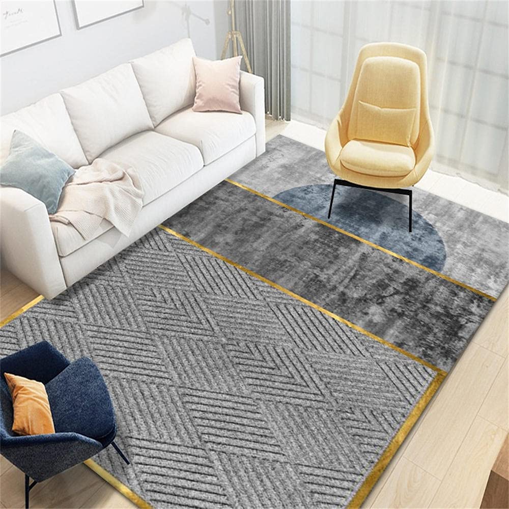 Tapis lavable géométrique grand format bleu gris marron pour salon et chambre