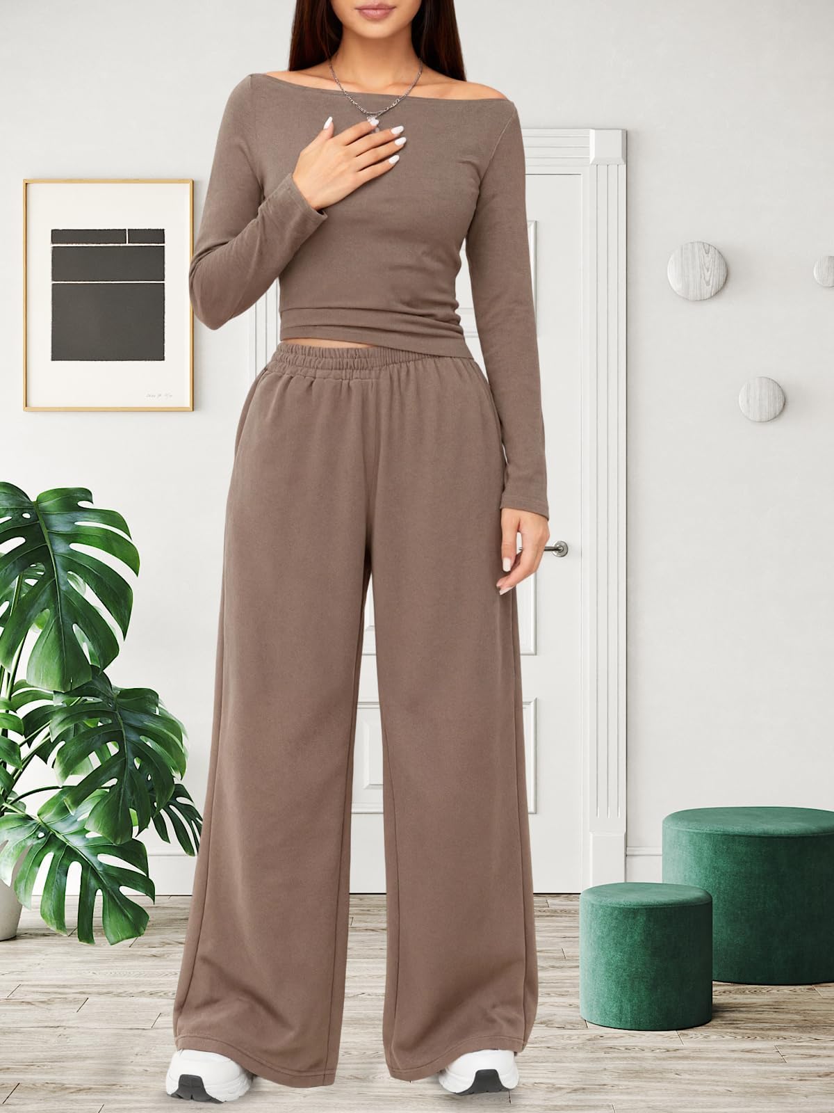 Women Outfit Wide Leg Irregular Suit Long Sleeve Top Pants Set Casual Outdoor for Travel Daily Wear Wife Mom 2 Pcs