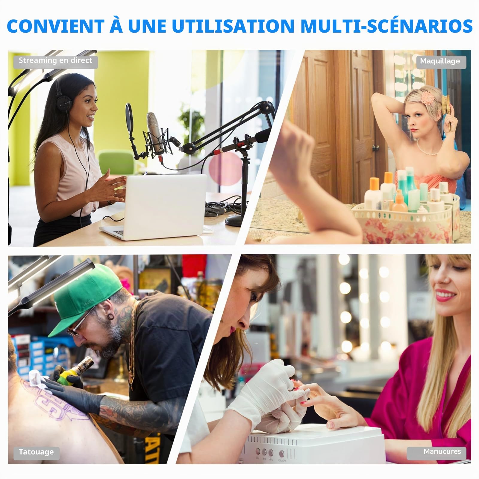 Lampe Cills à Quatre Bras, Lampe Esthetique Professionnel avec Trépied et Support de Téléphone, pour Maquillage, Cils, Sourcils, Tatouage, Manucures, Streaming, Photographie de Produits