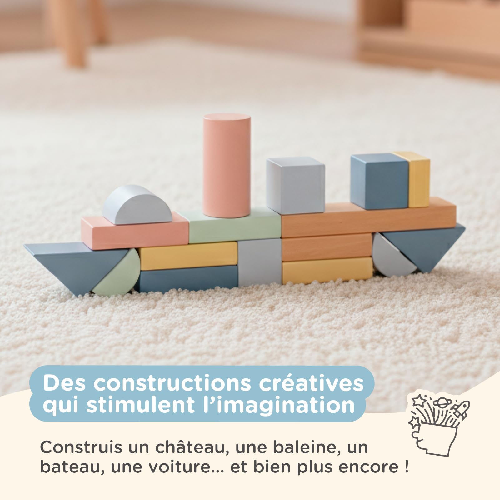 Nene Toys Blocs de Construction en Bois 100 Pièces – Blocs Pastel en Bois FSC pour Enfants dès 1 an – Jeu Montessori d’Éveil, Empilage & Tri pour Filles & Garçons – Idée Cadeau 1 2 3 Ans