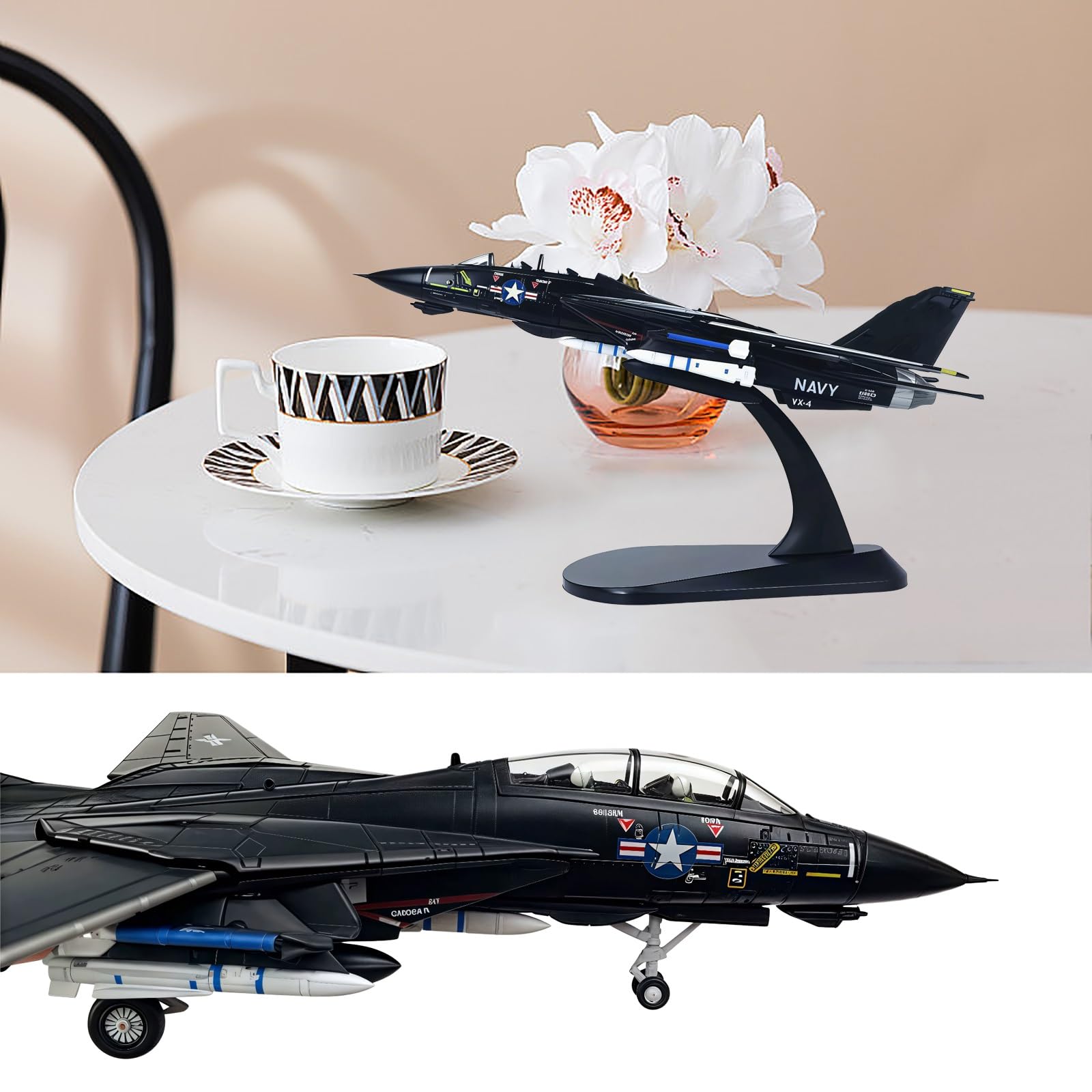 Modello di jet da combattimento F-14 F14 in scala 1/100 in metallo pressofuso con supporto - Oggetto da collezione pronto for l'esposizione for gli appassionati aviazione, decorazione