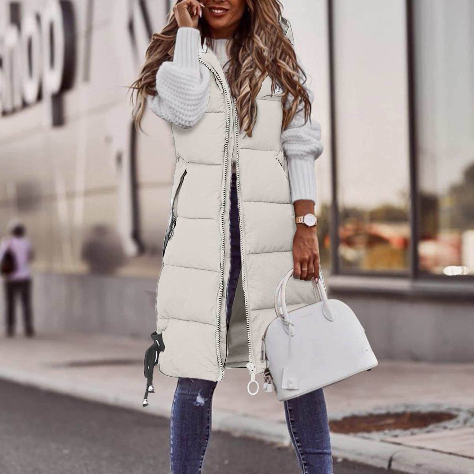 Piumino con cappuccio da donna lungo senza maniche imbottito gilet invernale caldo giacca con tasca full zip spessa giacca imbottita giacche da trekking impermeabili cappotto trapuntato casual solido