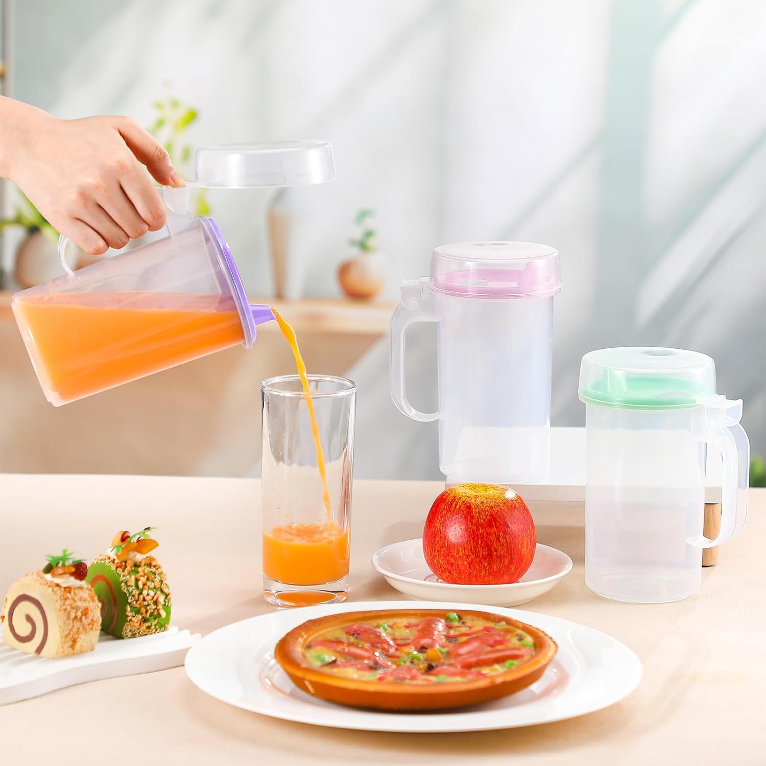 Newtay 6 Pack Early Learning Kids Easy Pouring Mini Pitchers Clear Plastic Pitcher with Lid and Handle Easy Pour Bottles 16 Oz. Jugs with Lids for Classroom Nursery Home (Pastel)