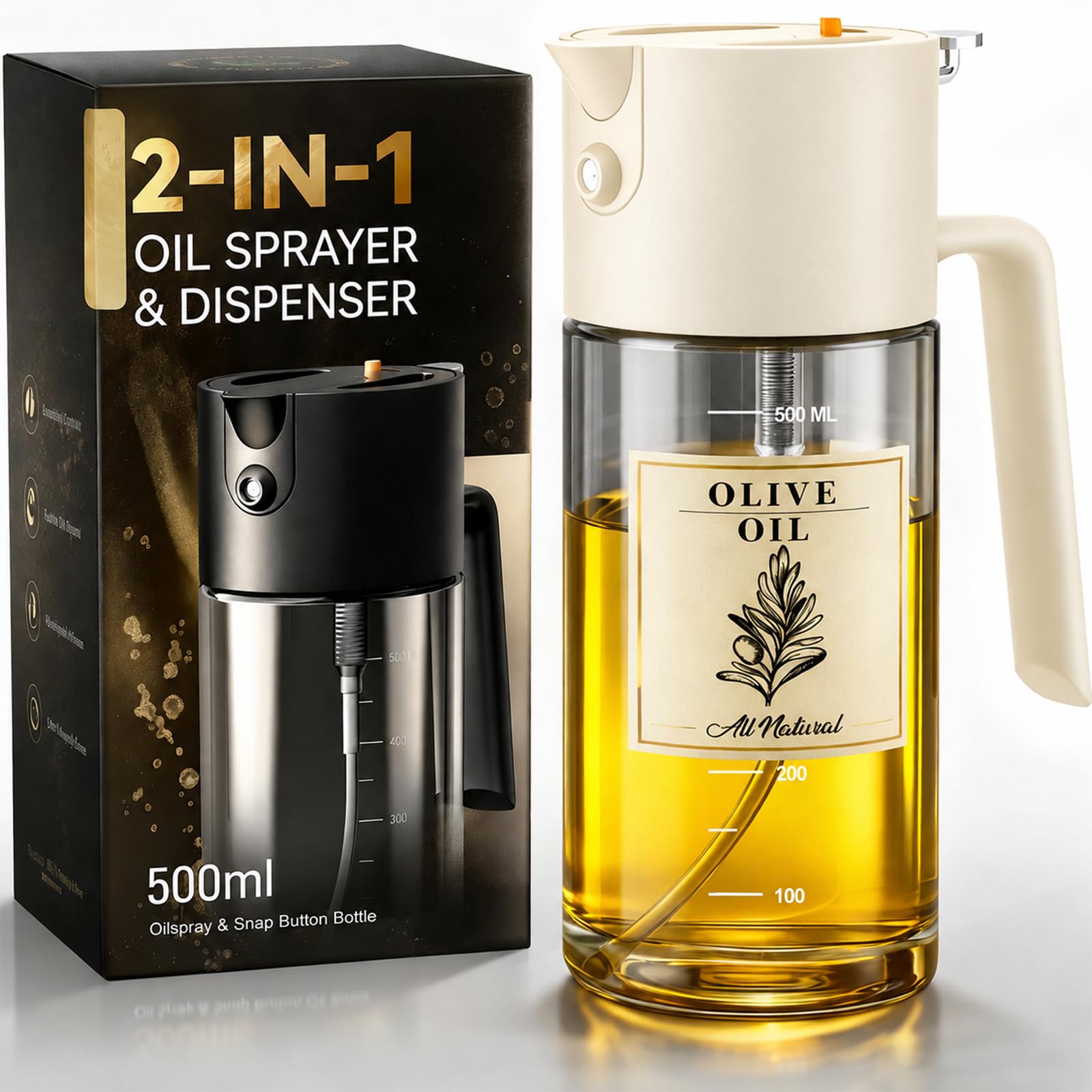 Pulverizador de aceite para cocinar, botella dispensadora de aceite de oliva 2 en 1 para cocinar, pulverizador de aceite de oliva de vidrio de 17 onzas, patentado, spray continuo con control de