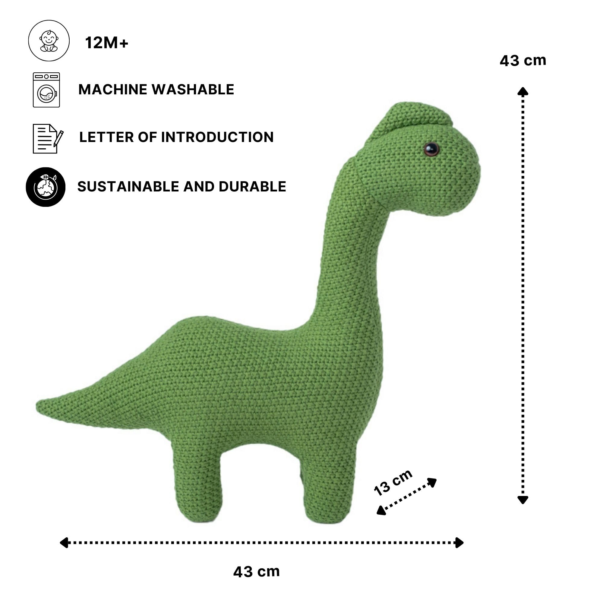 CROCHETTS 100% ręcznie robiony bawełniany dinozaur, miękka i lekka zabawka dla niemowląt, pluszowa, nadająca się do prania, dekoracja do pokoju dziecięcego, oryginalny prezent (43 cm)