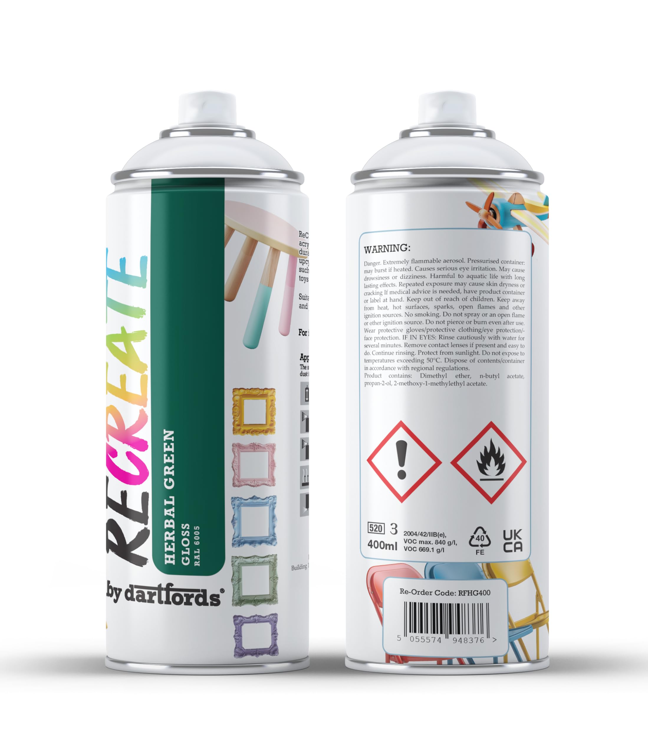 RECREATE Herbal Green Gloss Spray Paint for Wood, Metal, Plastic | Quick Drying, Smooth, Durable, Easy-to-Apply | Suitable for Indoor / Outdoor | For Furniture, Craft, Doors, Ornaments, Pots, Frames