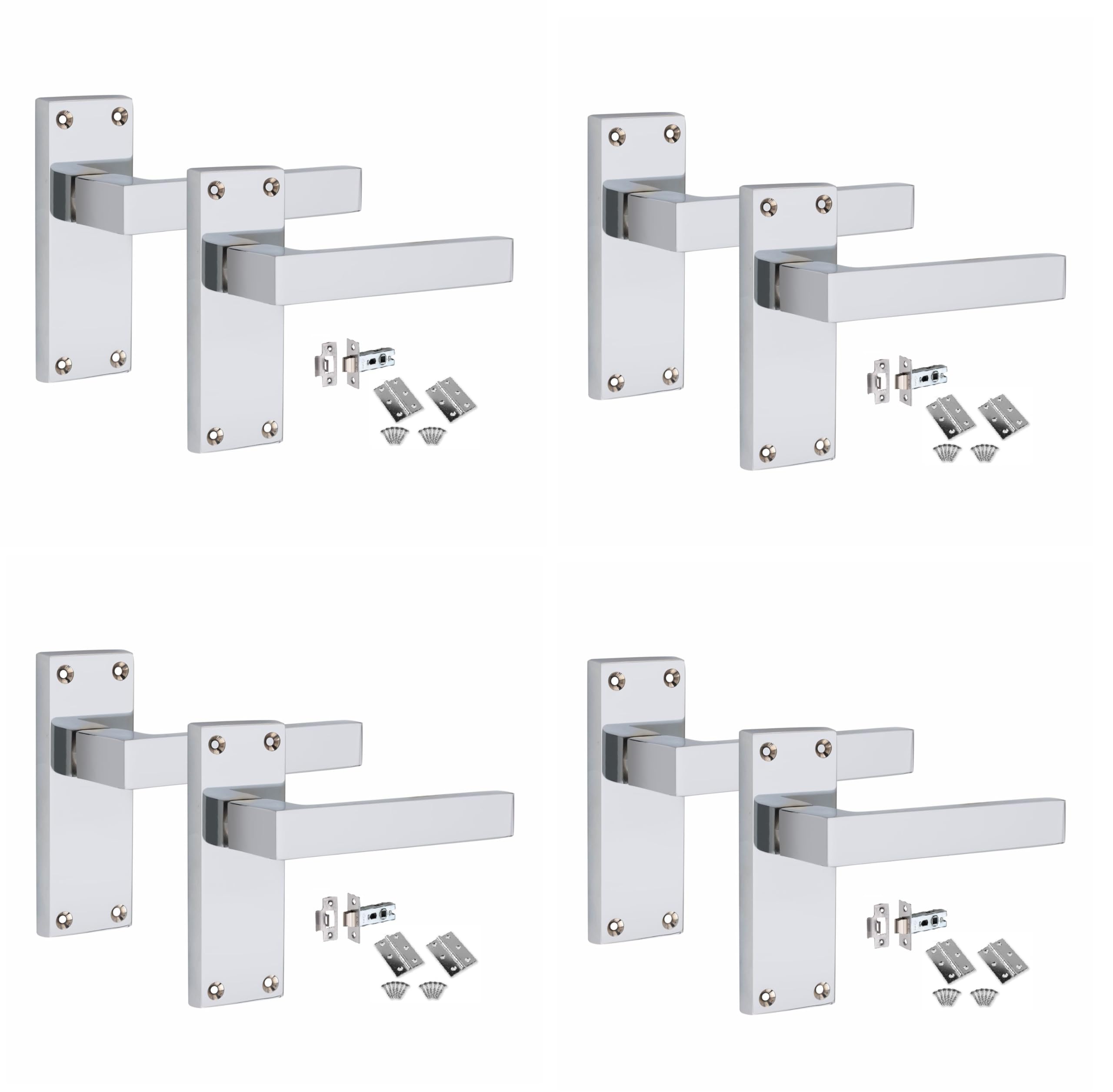 Golden Grace 4 Set of Victorian Straight Delta Handle Latch Door Handles Polished Chrome with 1 Pair of 3" Standard Butt Hinges & Latches Pack Sets 120mm x 40mm Backplate