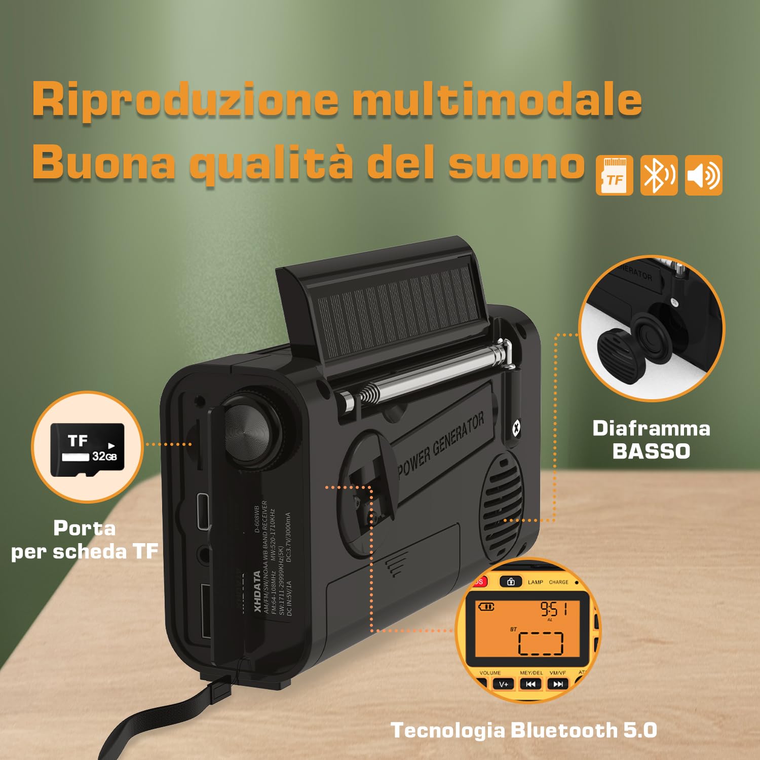 XHDATA D-608WB Radio FM/Am/SW a Onde Corte, Manovella Solare, Batteria Ricaricabile di Emergenza, Radio Sveglia SOS, Lettore MP3 Bluetooth, Torcia Elettrica, Lampada da Lettura per il Campeggio