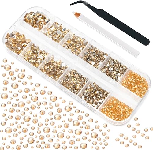 Juego de 4010 diamantes de imitación dorados champán para arte de uñas, diamantes de imitación de parte trasera plana, dijes dorados para uñas, 6