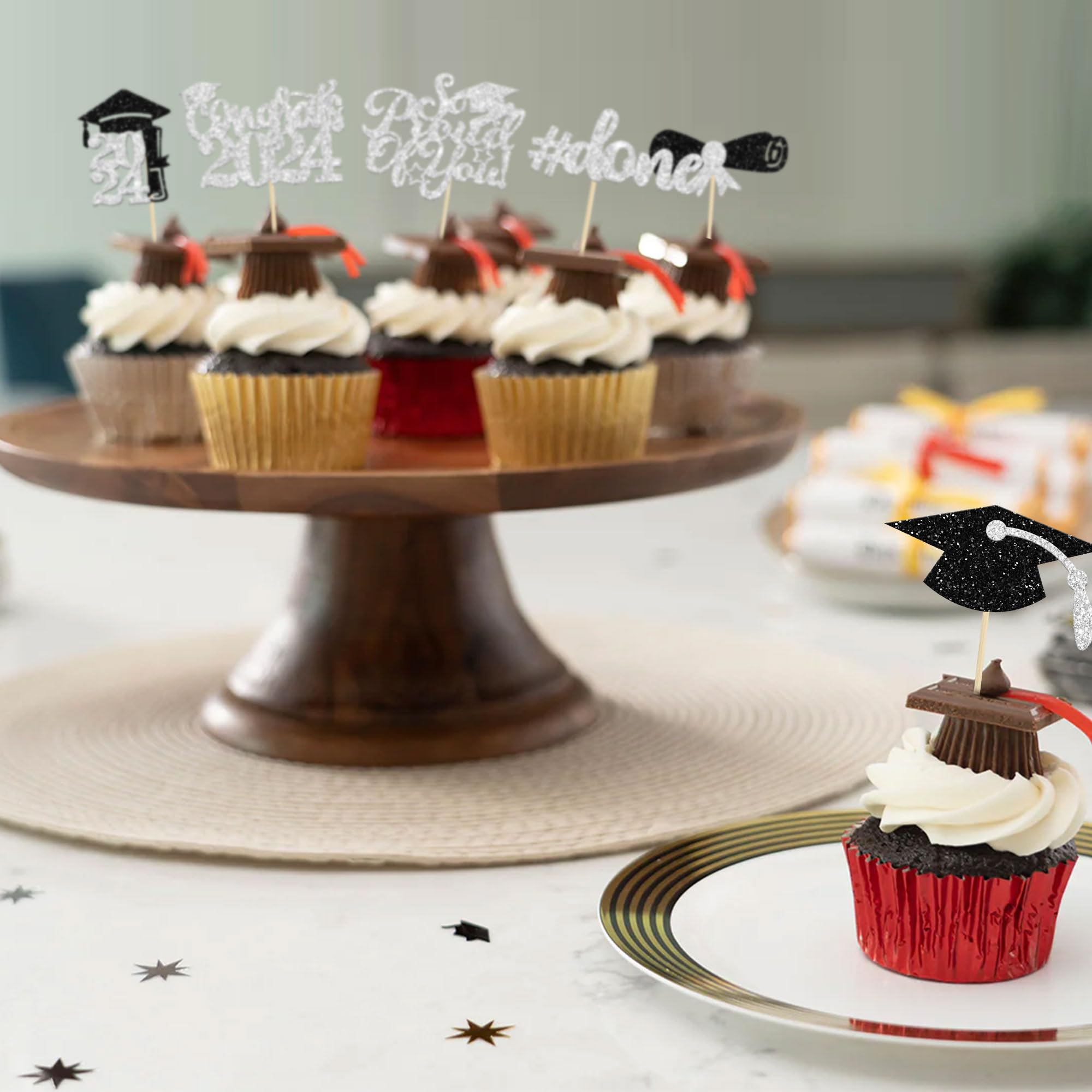 Gyufise 24Pcs Graduation Cupcake Toppers 2026 Silver Glitter Class of 2026 Cupcake Toppers Supplies So Proud of You Congrats Grad Cap Diploma Cupcake Picks for Graduation Party Decorations - Image 4