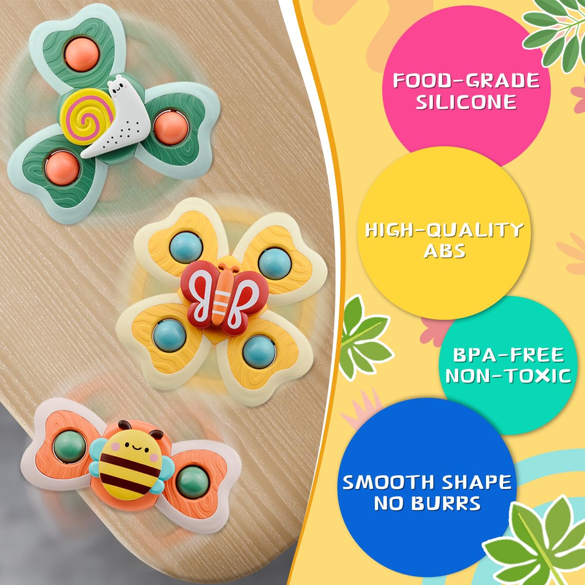 Pack De 4 Juguetes Giratorios Con Ventosa Para Bebé – Silicona Alimentaria, Ideal Para Trona, Baño Y Viajes