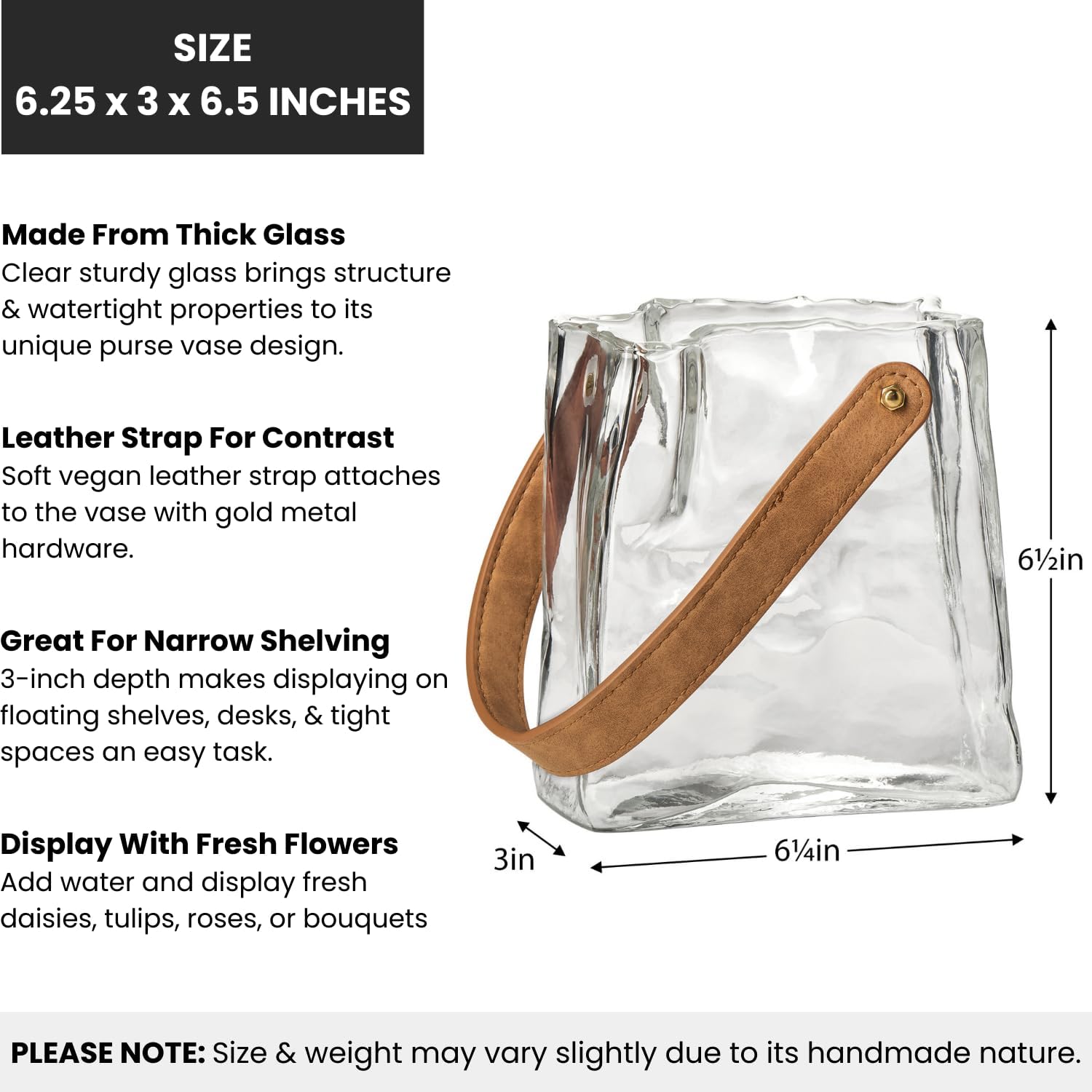 Torre & Tagus Glass Handbag Vase for Flowers with Handle - 6.5" Tall Clear Purse Vase & Handmade Glass Vase for Home Decor Centerpieces, 6.25x6.5 H, Clear