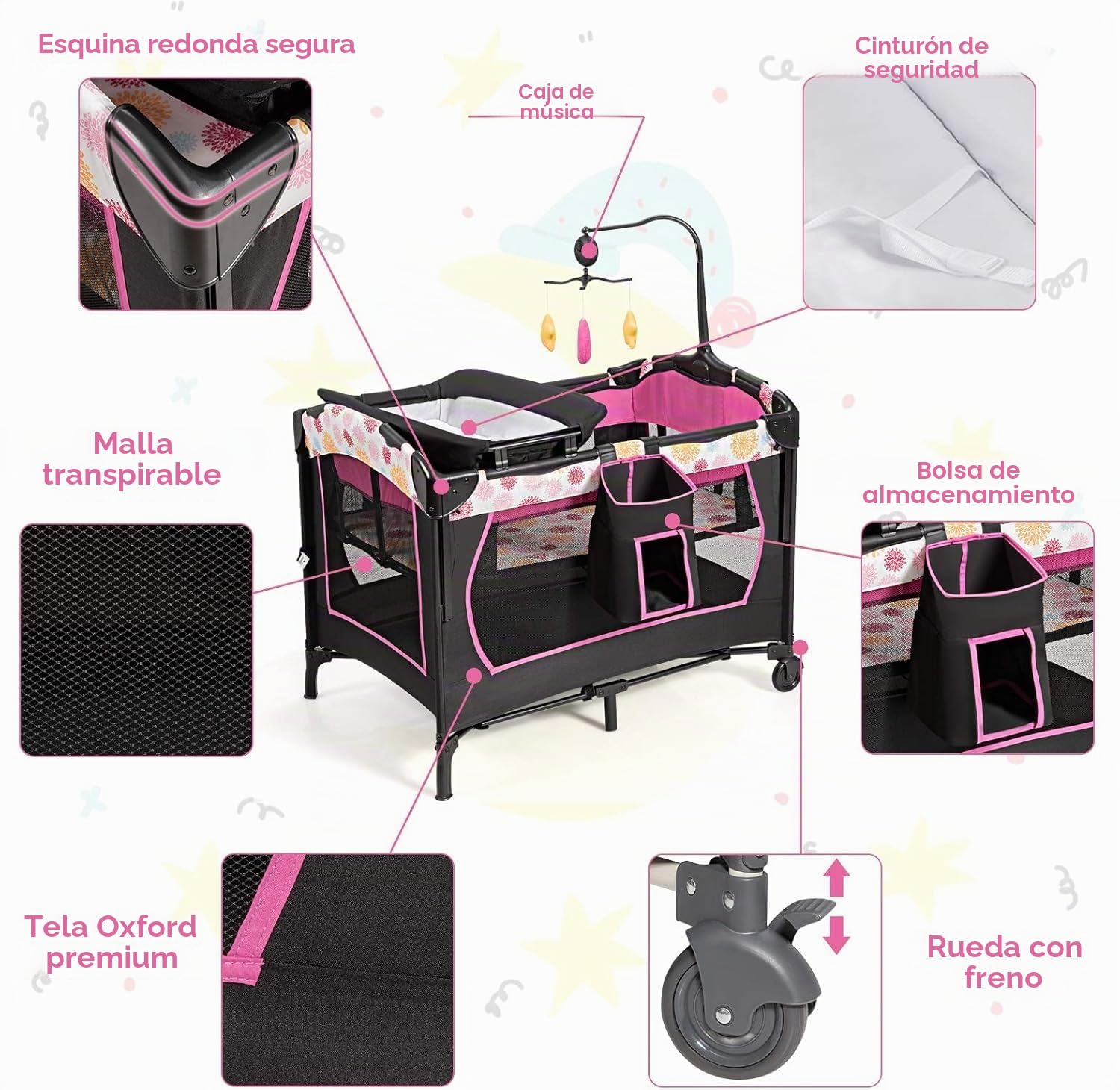 FANTASK Cuna de Viaje Plegable 4 en 1 de hasta 15 kg, moisés, Cuna Auxiliar, Cambiador y Parque Infantil, 2 Niveles, Altura Regulable, con Bolsa de Transporte, colchón y Caja de música