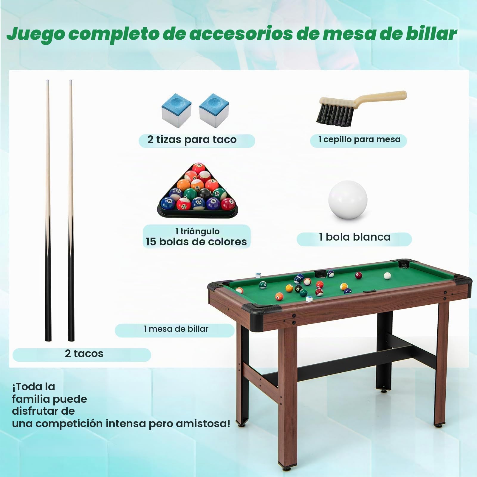 FANTASK Mesa de Billar de Madera con Accesorios, Mesa de Billar con 2 Tacos, 2 tizas y triángulo y Cepillo, Juego de Billar para niños y Adultos, 122 x 61 x 76 cm
