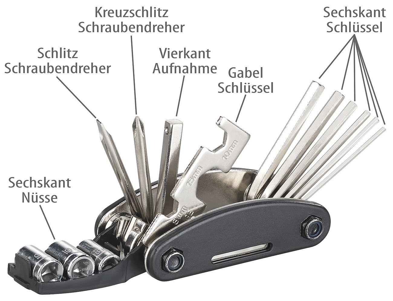 Semptec Urban Survival Technology attrezzo bici: Set da 4 Strumento multitool per bicicletta 16in1, con kit di riparazione per pneumatici, borsa (set di attrezzi bicicletta)