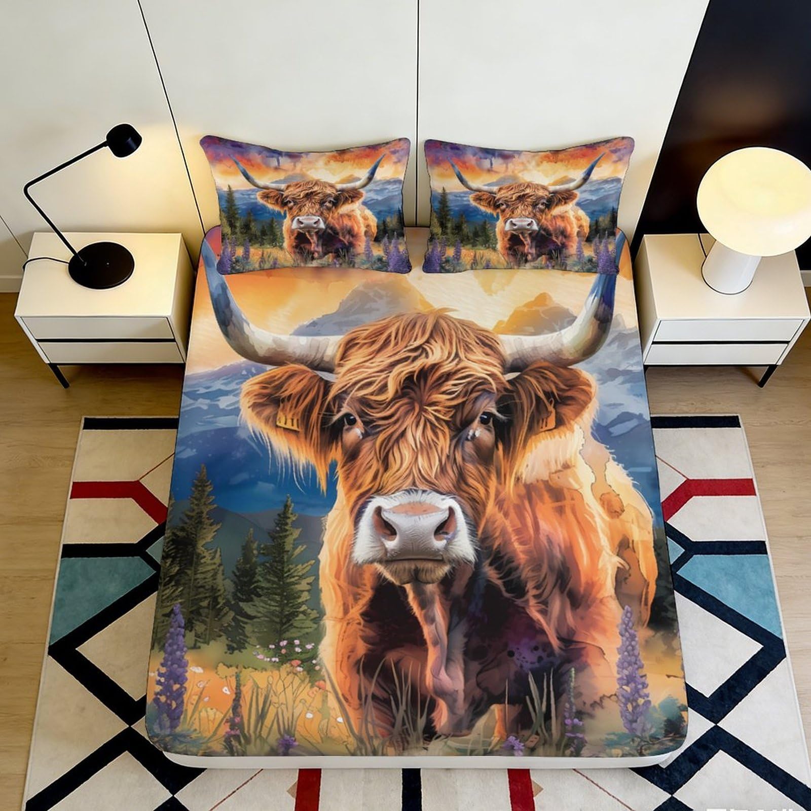 3D Printed Highland Cow Fitted Sheet Microfiber Soft Durable Brown Bull Bed Cover for Bedroom Dormitory Guest Room Mattress Protection Decoration 180x200x25cm