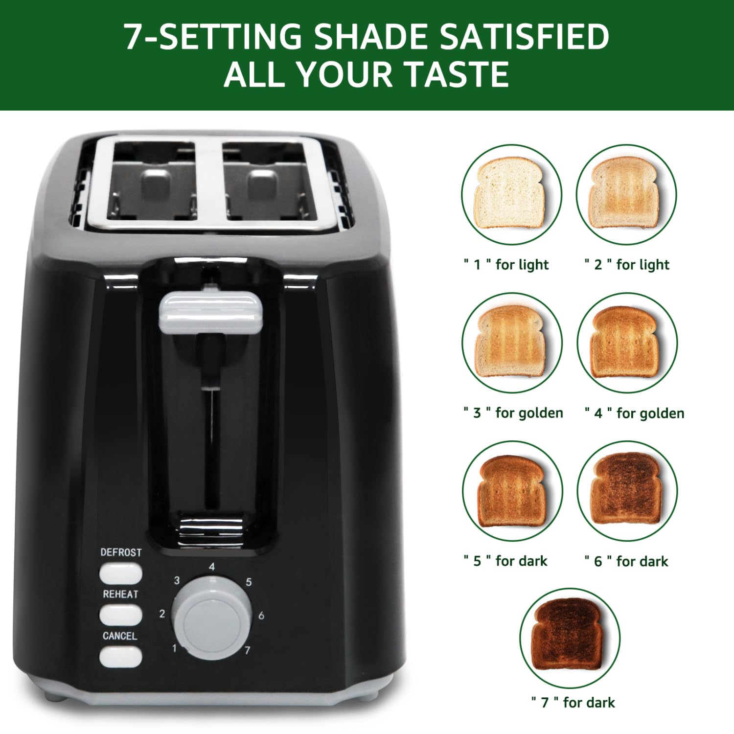 Aigostar Warrior 30JRL – Tostador para dos rebanadas con 7 niveles de tostado, 750 W de potencia, función descongelación y recalentar. Libre de BPA, color negro. Diseño exclusivo.