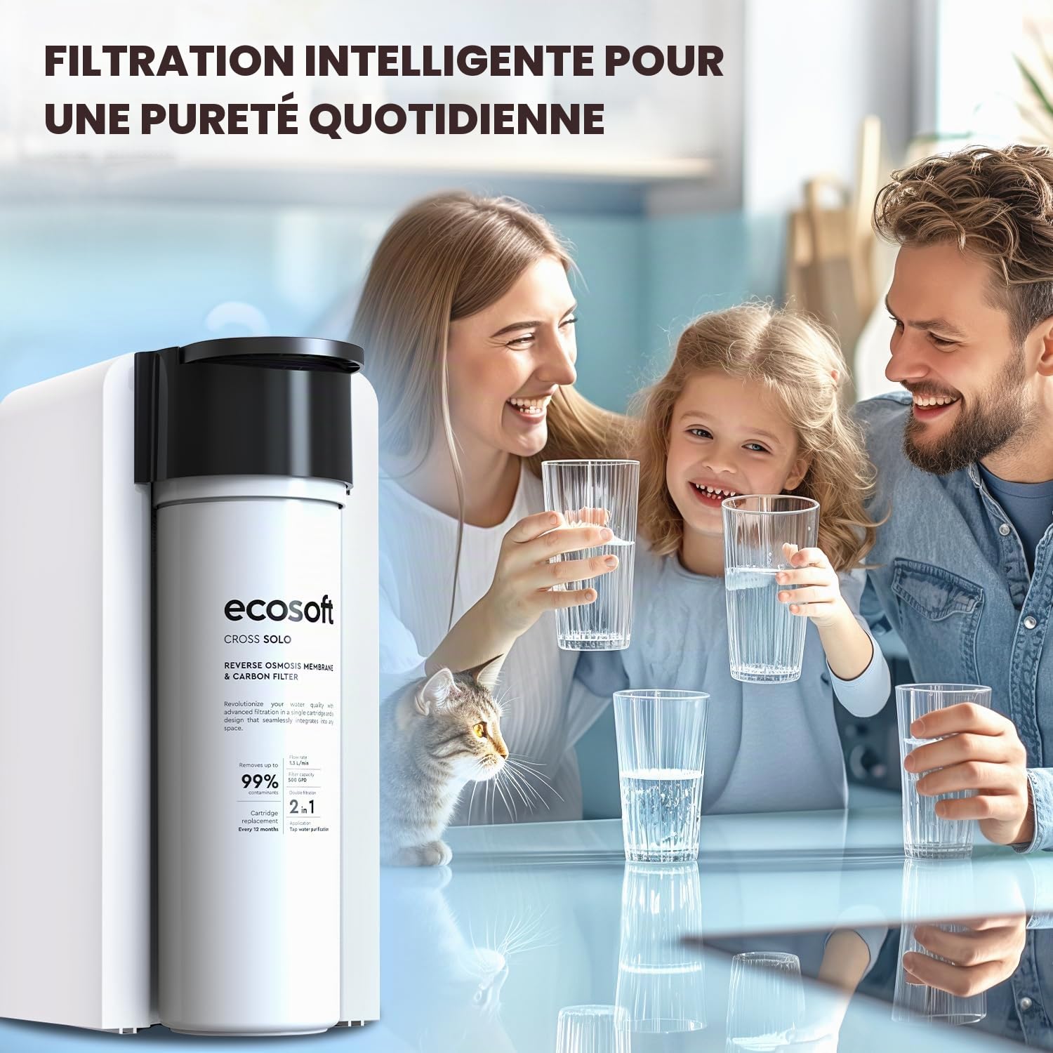 Ecosoft Cross Solo Filtre à osmose inverse à débit direct 1,3 l-min, filtration 2-en-1 avec membrane RO de 500 GPD et post-filtre à charbon, design ultra compact pour petites cuisines