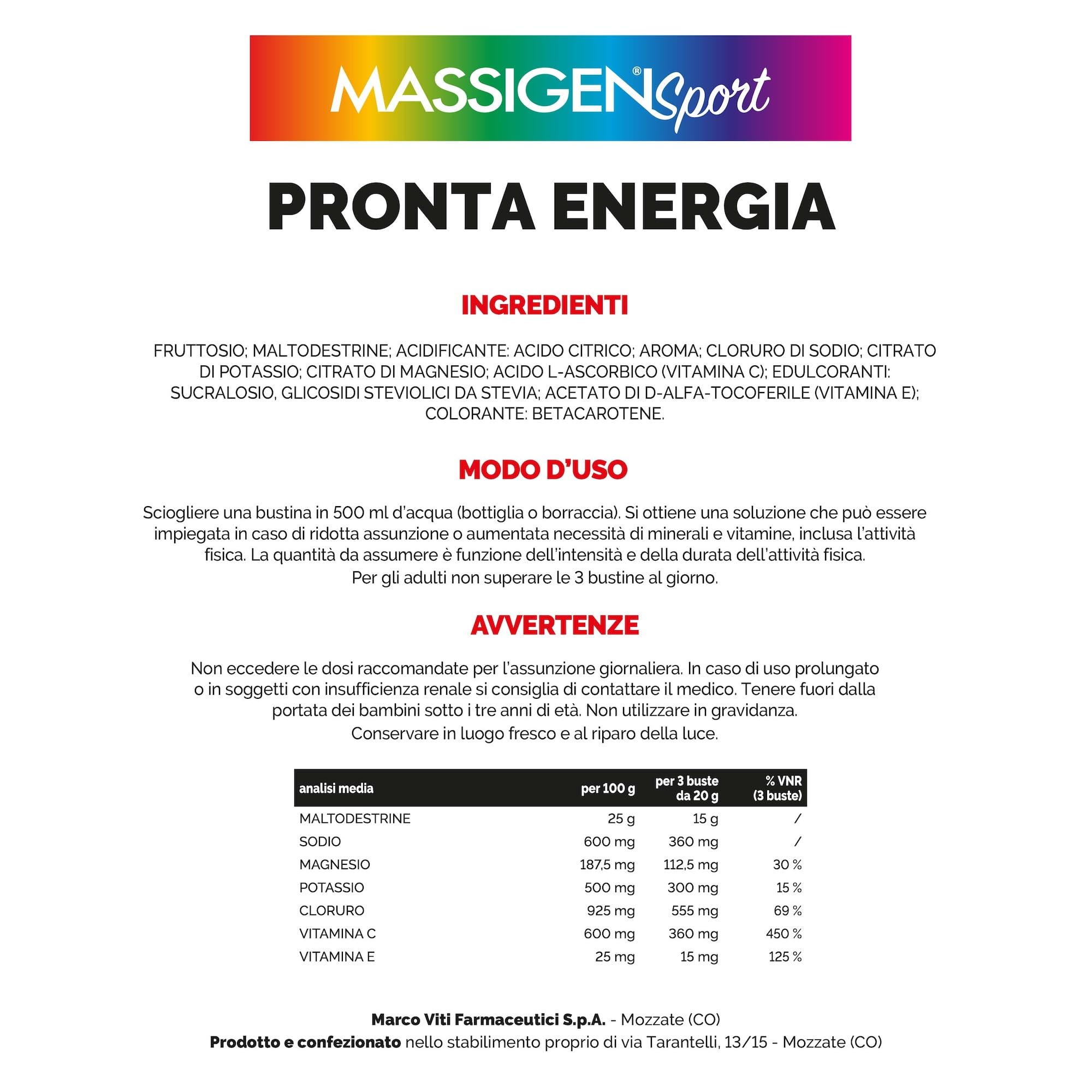 Massigen - Pronta Energia Sport, Integratore Energetico con Maltodestrine, Minerali e Vitamine, 12 Bustine da 20 g