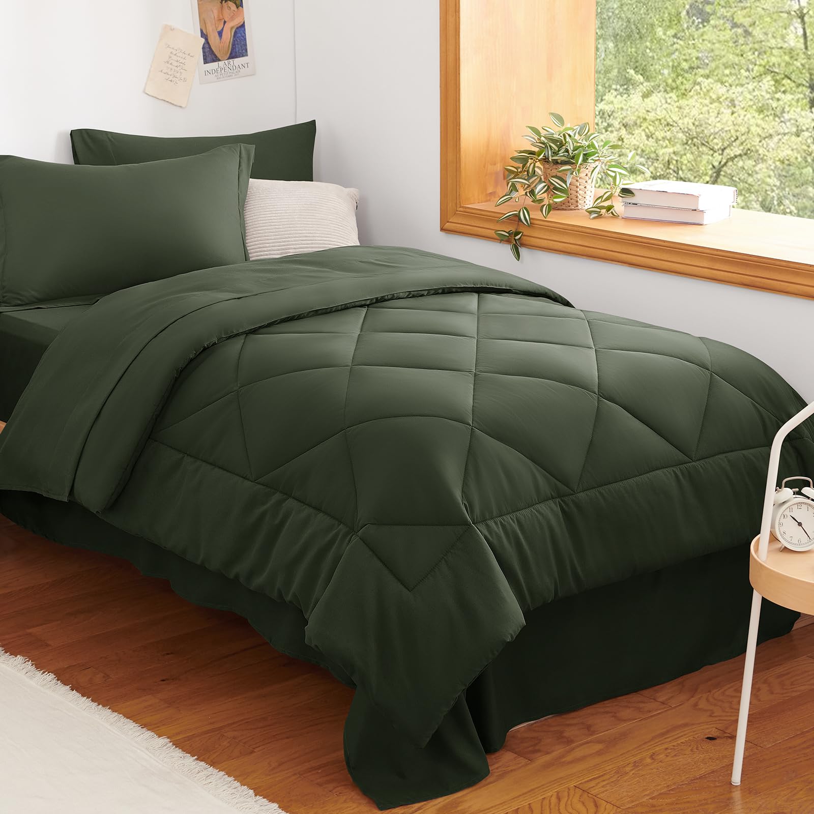 CozyLux Twin XL Comforter Set 68"x88" Dark Green - 5 Piece Bed in a Bag