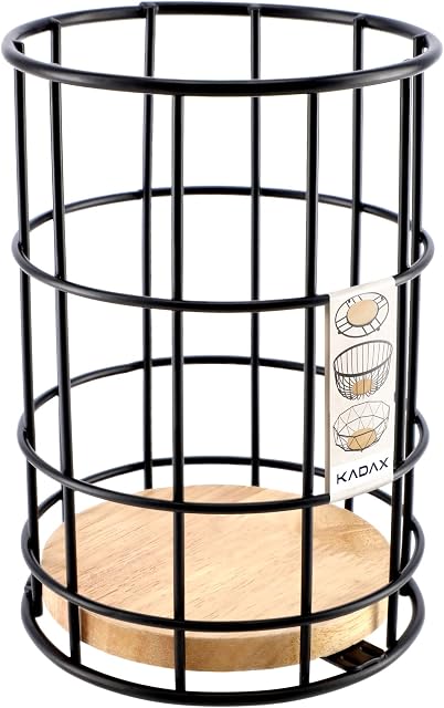 KADAX Utensil Holder, Kitchen Utensil Holder, Powder Coated Metal Holder with Bamboo for Kitchen, Bathroom, Sponge, Cutlery Stand, Utensil Organizer, Utensil Basket (Black, Round)