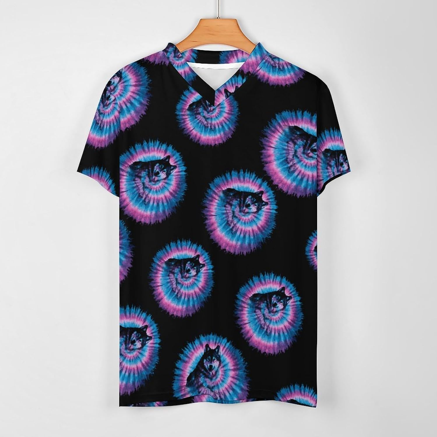 Tie Dye Wolf Mens V Neck Soccer Jersey Quick Dry Breathable Short Sleeve T Shirt Sports Football Tops 6X-Large