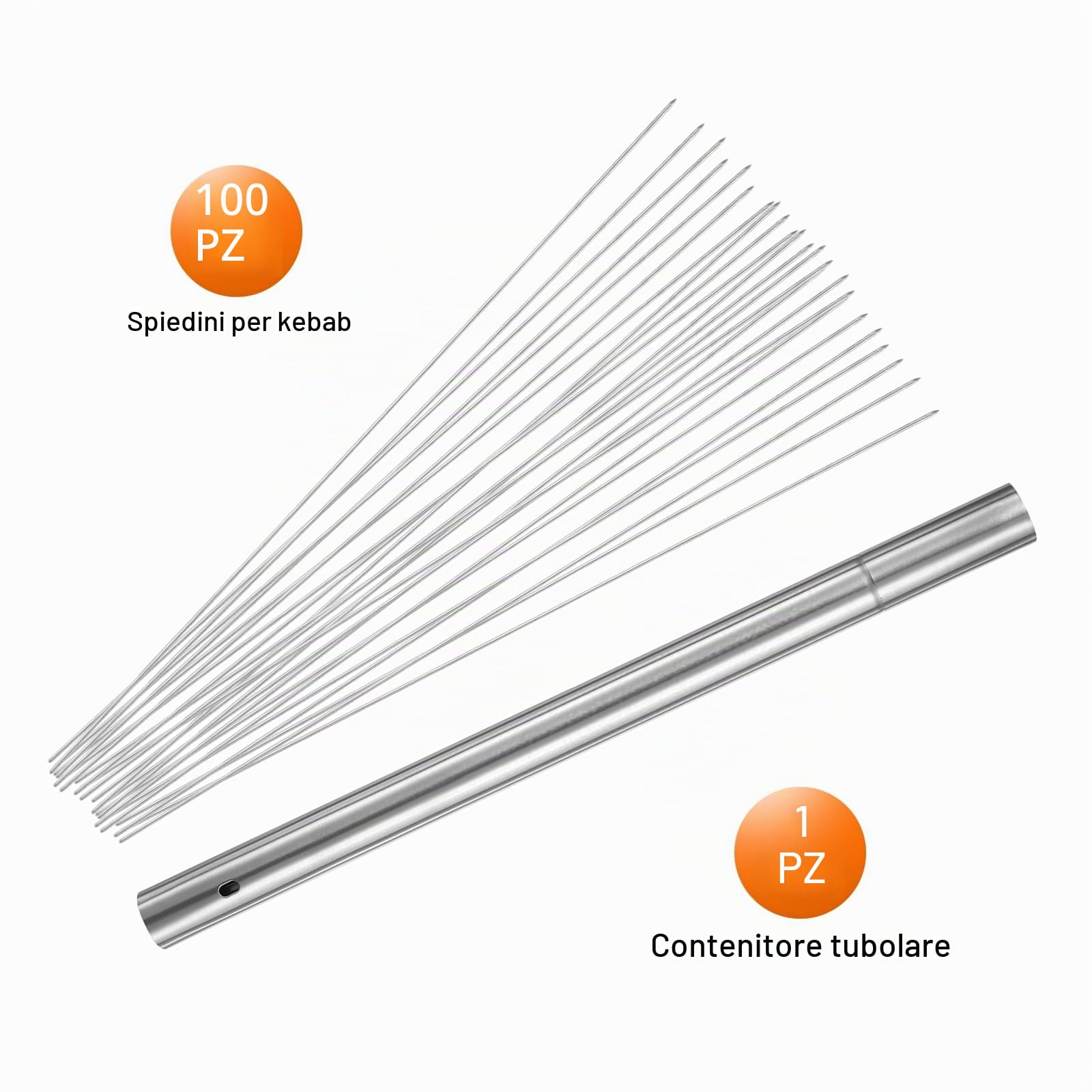 QUARKZMAN Spiedini Acciaio 40cm x 2,8cm Acciaio Inox Riutilizzabili 100Pz | Spiedo per Barbecue Metallo Rotondi, Grigliate Arrosticini Aperto, con Tubo Conservare, per Carne Frutta Verdura