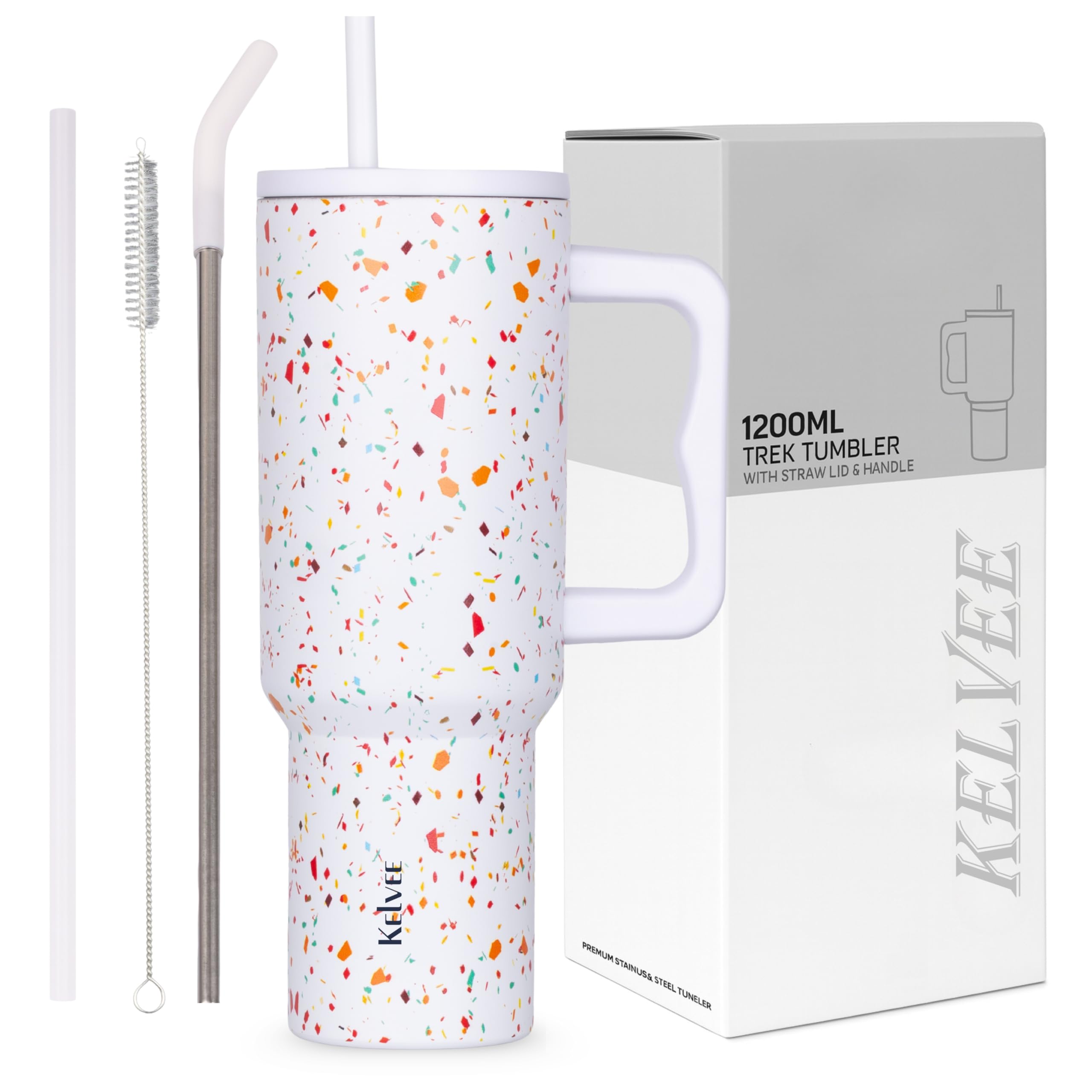 KELVEE 40oz Tumbler with Handle and Straw Lid, Reusable Cup Leakproof Iced Coffee Sipper Mug for Keeping Beverages Water Hot or Cold,Perfect for Travel, Gym 1.2L (Cream TERRAZZO)