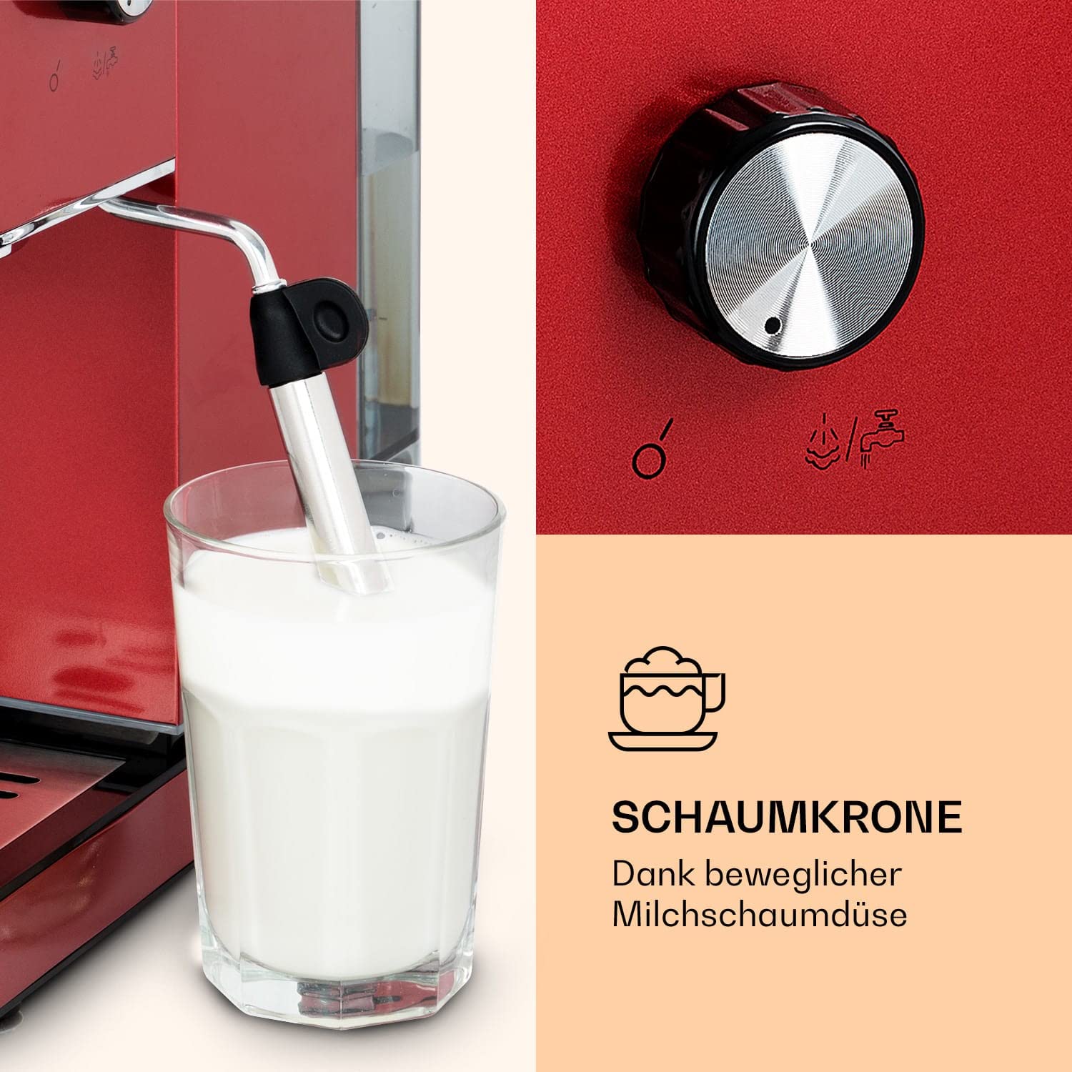 Klarstein Pausa Espressomaker Siebträger 1350 Watt 20 Bar Druck 1,4 Liter Edelstahl rot