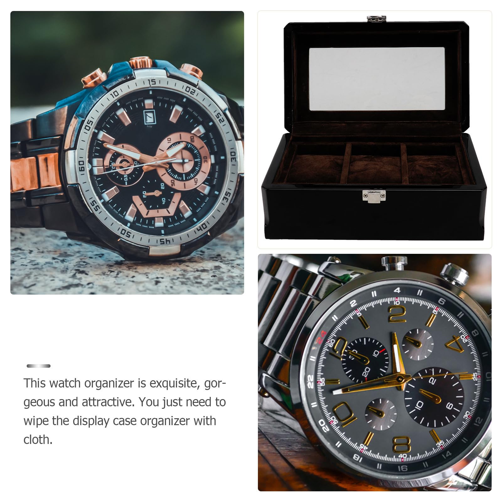Uhrenbox Personalisiert mit 3 Fächern, Elegante Aufbewahrung | Schwarz, Vintage Design für Schmuckaufbewahrung Holz, Schutz vor Kratzern und Schäden, Geschenk zu Weihnachten
