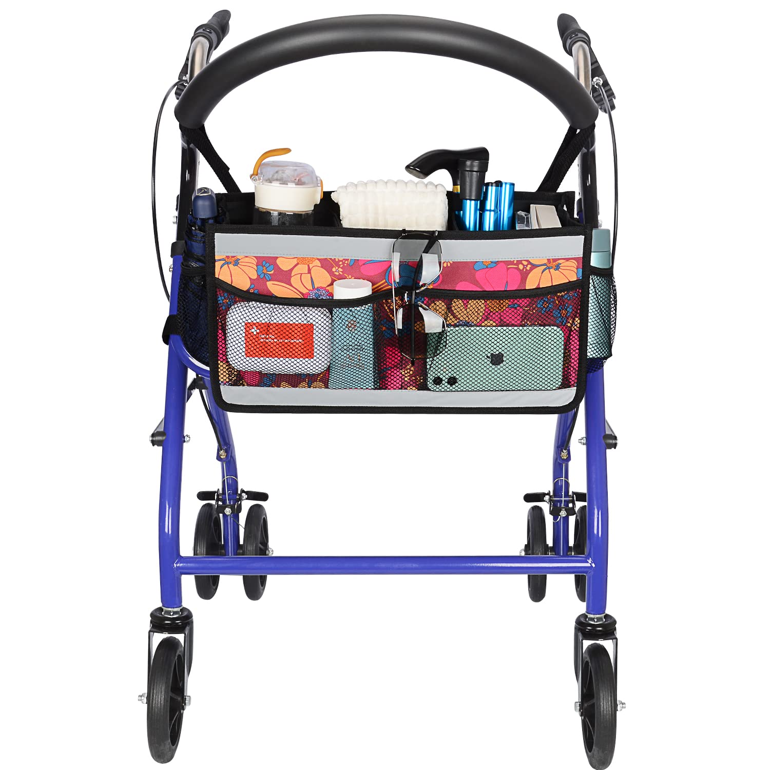 supregear Cesta de Andador, Bolsa Organizadora Walker de Gran Capacidad con 4 Malla Bolsillos y Bolsa de Almacenamiento de Diseño Gancho y Bucle de Raya Reflectante para Accesorios de Walker Carry